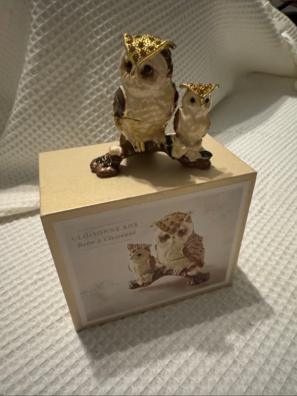 Pier 1 Gold-Accented Owl Cloisonné Trinket Box Jewelry